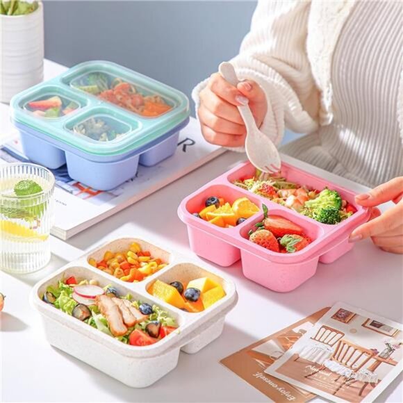 Bento Box For Kids, 4 Pack 3 Compartments Meal Prep Containers Reusable Lunch - Picture 6 of 7